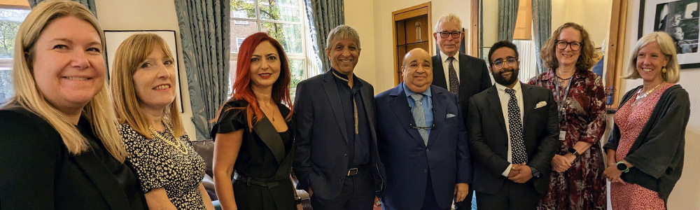 Sheikh Mohamed, accompanied by Trustees Sir Tim Lankester, Mohsen Al Jaber and Foundation Director Carolyn Perry meets SOAS VC Adam Habib and Lina Khatib, MBI Al Jaber Chair, and members of the SOAS Advancement Team